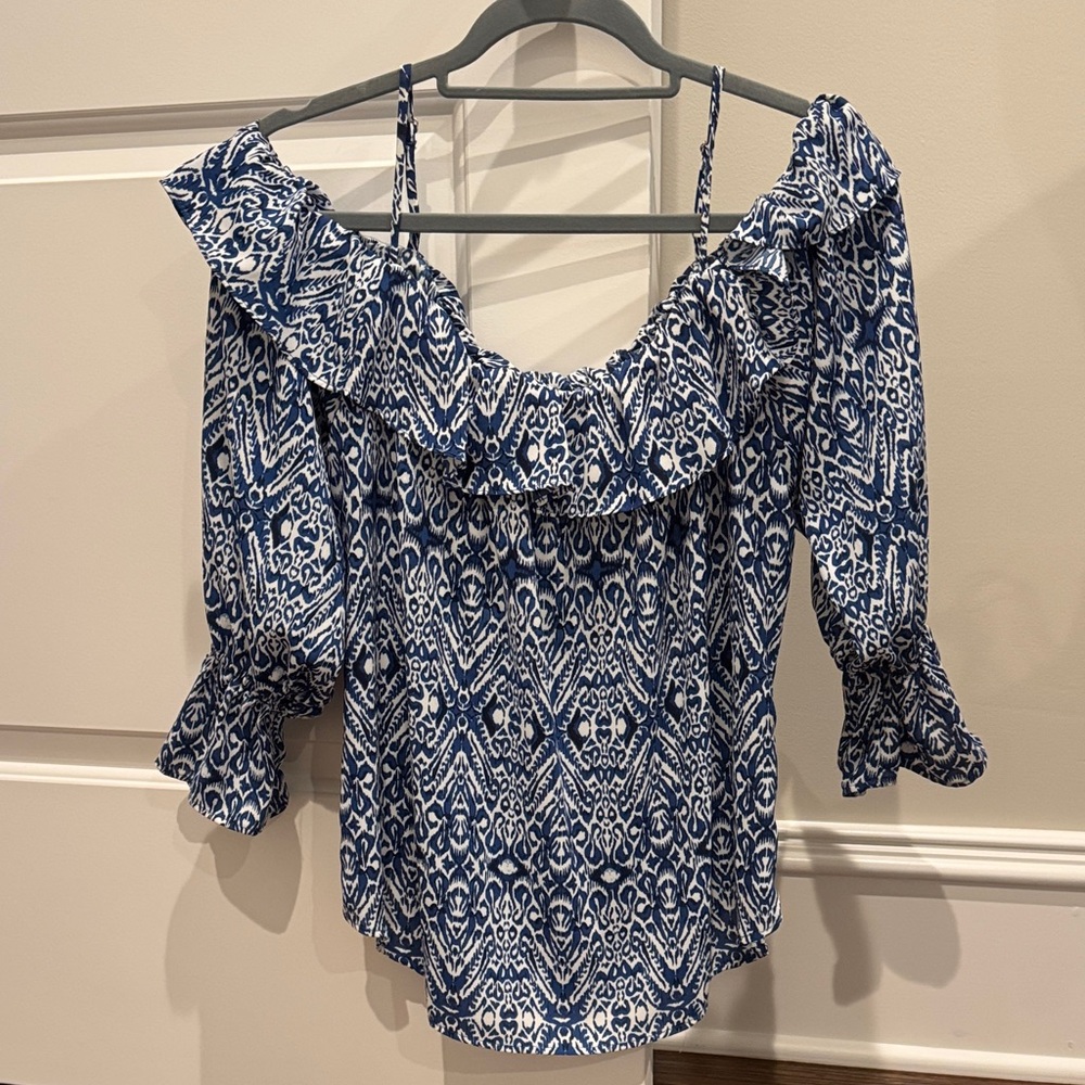 Karen Kane Blue and White Off-Shoulder Blouse